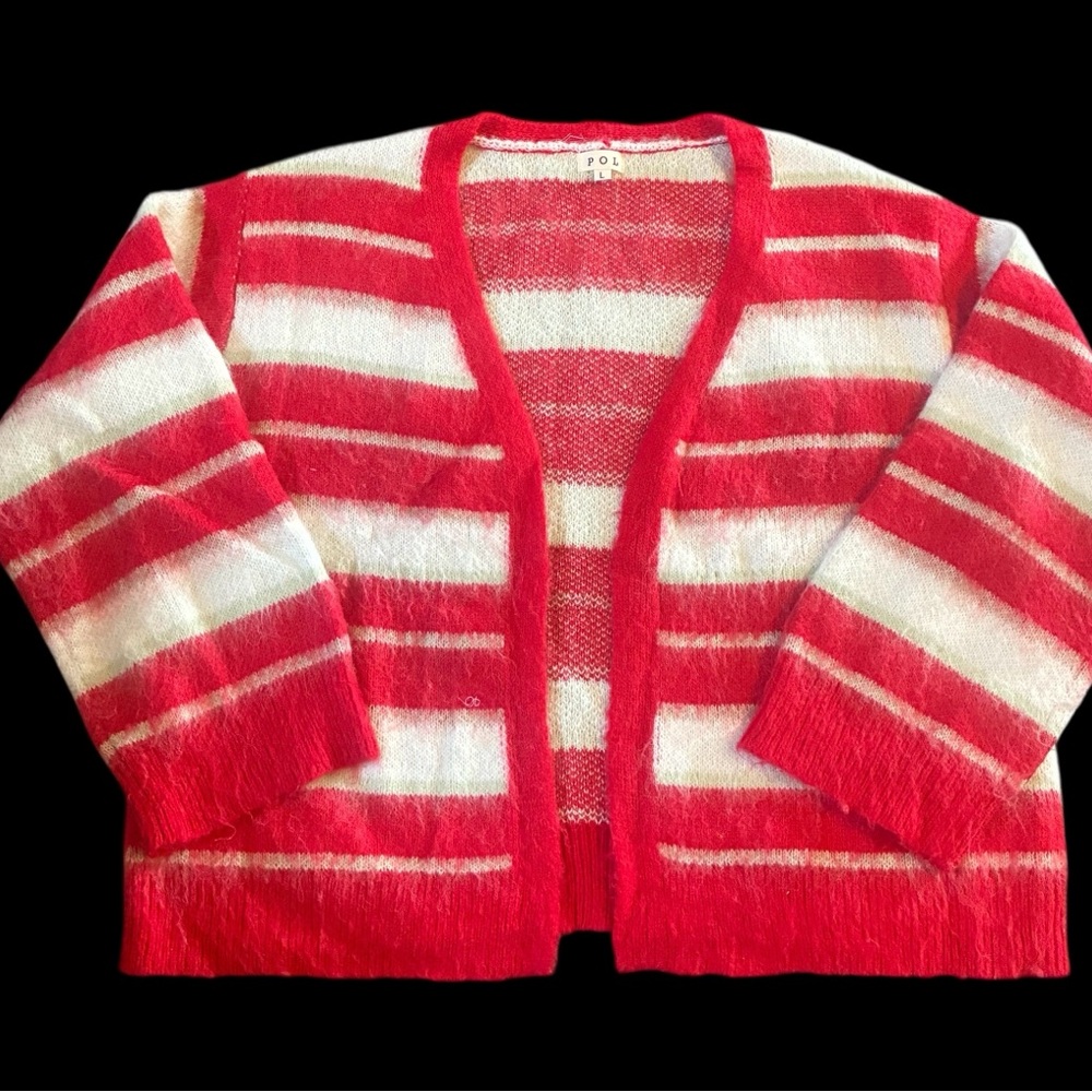 POL Red & Cream Striped Open-Front Cardigan